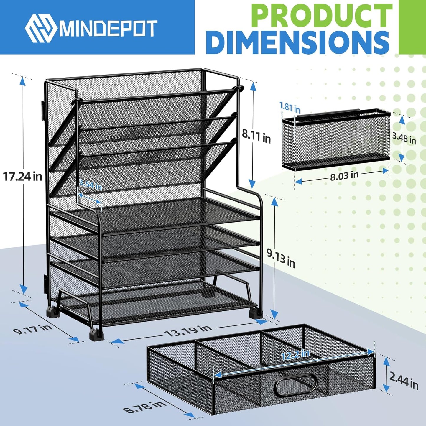 MINDEPOT 4-Tier Paper Organizer + 3-Pocket File Holder + Drawer + Pen Holders, Desktop File Organizers Paper Tray for Office Accessories School Classroom Organization (Black)
