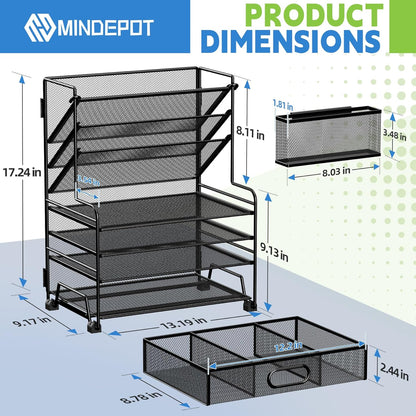MINDEPOT 4-Tier Paper Organizer + 3-Pocket File Holder + Drawer + Pen Holders, Desktop File Organizers Paper Tray for Office Accessories School Classroom Organization (Black)