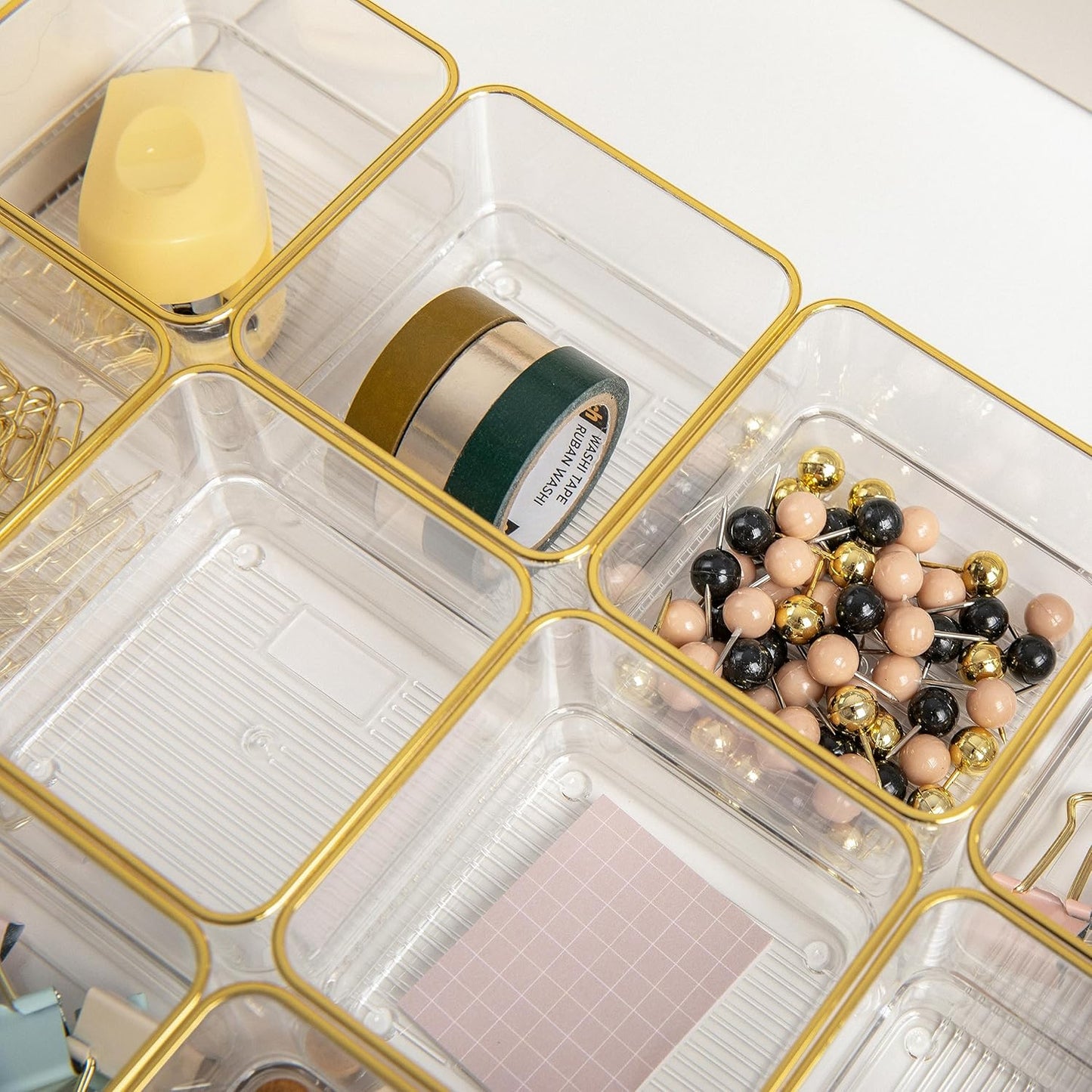 Martha Stewart Kerry Plastic Stackable Office Desk Drawer Organizers, 6" x 3", 6 Pack, with Gold Trim