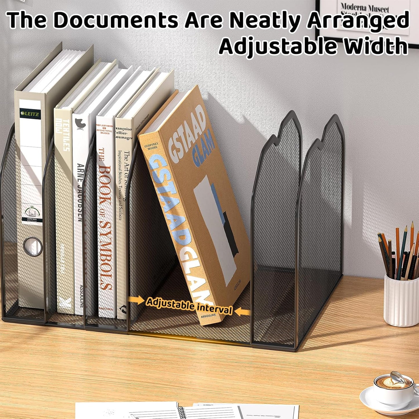 FANXIYQ Metal 7-Section File Folder Organizer for Desk | Vertical Office File Holder | Heavy-Duty Mesh Document Sorter for Books, Binders, Laptops | Black Desk Organizer (12.8”x8.5”x7.9”)
