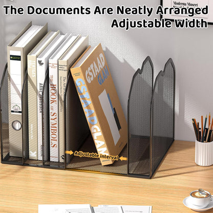 FANXIYQ Metal 7-Section File Folder Organizer for Desk | Vertical Office File Holder | Heavy-Duty Mesh Document Sorter for Books, Binders, Laptops | Black Desk Organizer (12.8”x8.5”x7.9”)