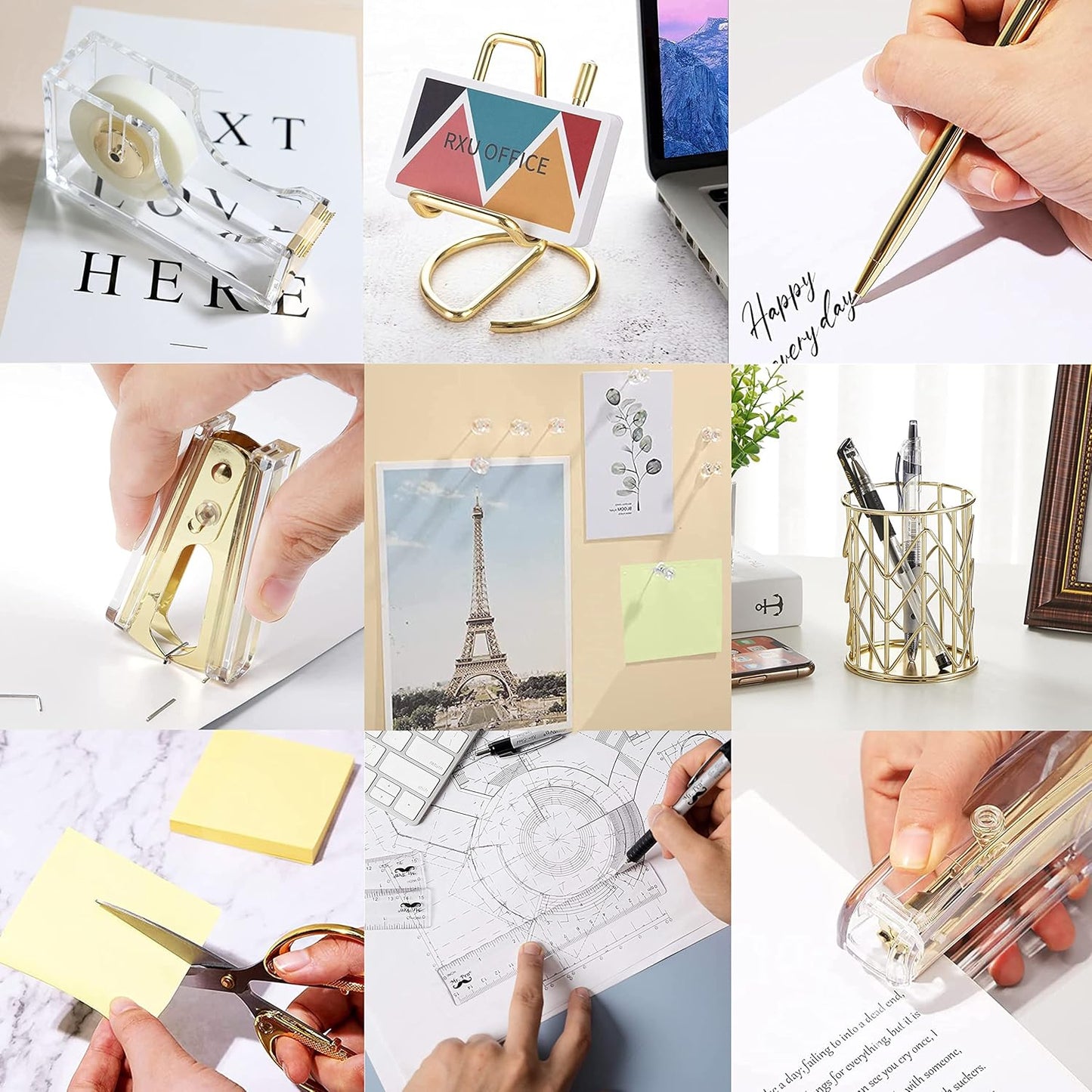 Office Desk Accessories, Acrylic Stapler, Staple Remover, Tape Holder, Pen Holder, Ballpoint Pen, Scissor, Binder Clips, 1000pcs Staples, Phone Holder, Ruler, Transparent Glue and 300 Notes