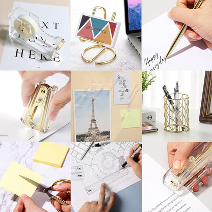 Office Desk Accessories, Acrylic Stapler, Staple Remover, Tape Holder, Pen Holder, Ballpoint Pen, Scissor, Binder Clips, 1000pcs Staples, Phone Holder, Ruler, Transparent Glue and 300 Notes