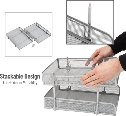 Mind Reader Stackable Paper Tray, Desktop Organizer, File Storage, Office, Metal Mesh, 2 Pcs, Black