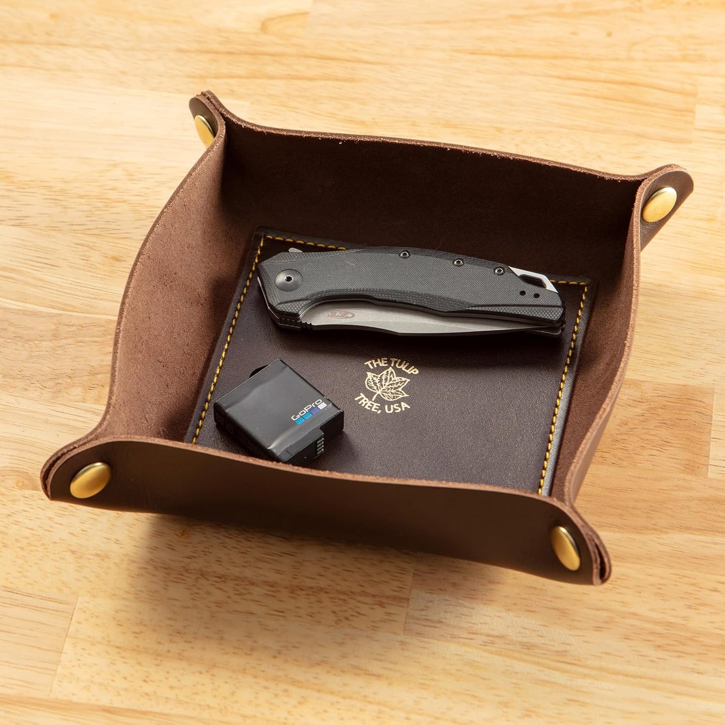 USA Handmade Premium Leather Valet Tray, Folds Flat! Dice Rolling Basket and Organizer with Brass Snaps - Reinforced Base - for Keys, Jewelry, Coin, EDC, Watch Storage Caddy - Black XLarge