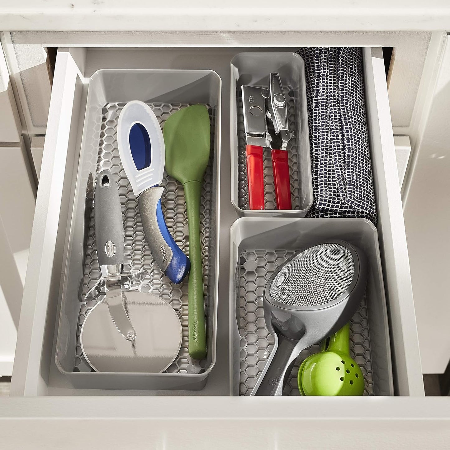 Spectrum Hexa 6 x 12 Drawer Organizer for Kitchen Utensils with Innovative Honeycomb Base Design, Silverware Tray for Cutlery and Flatware Storage, Bathroom Vanity or Desk Solution, Clear Frost