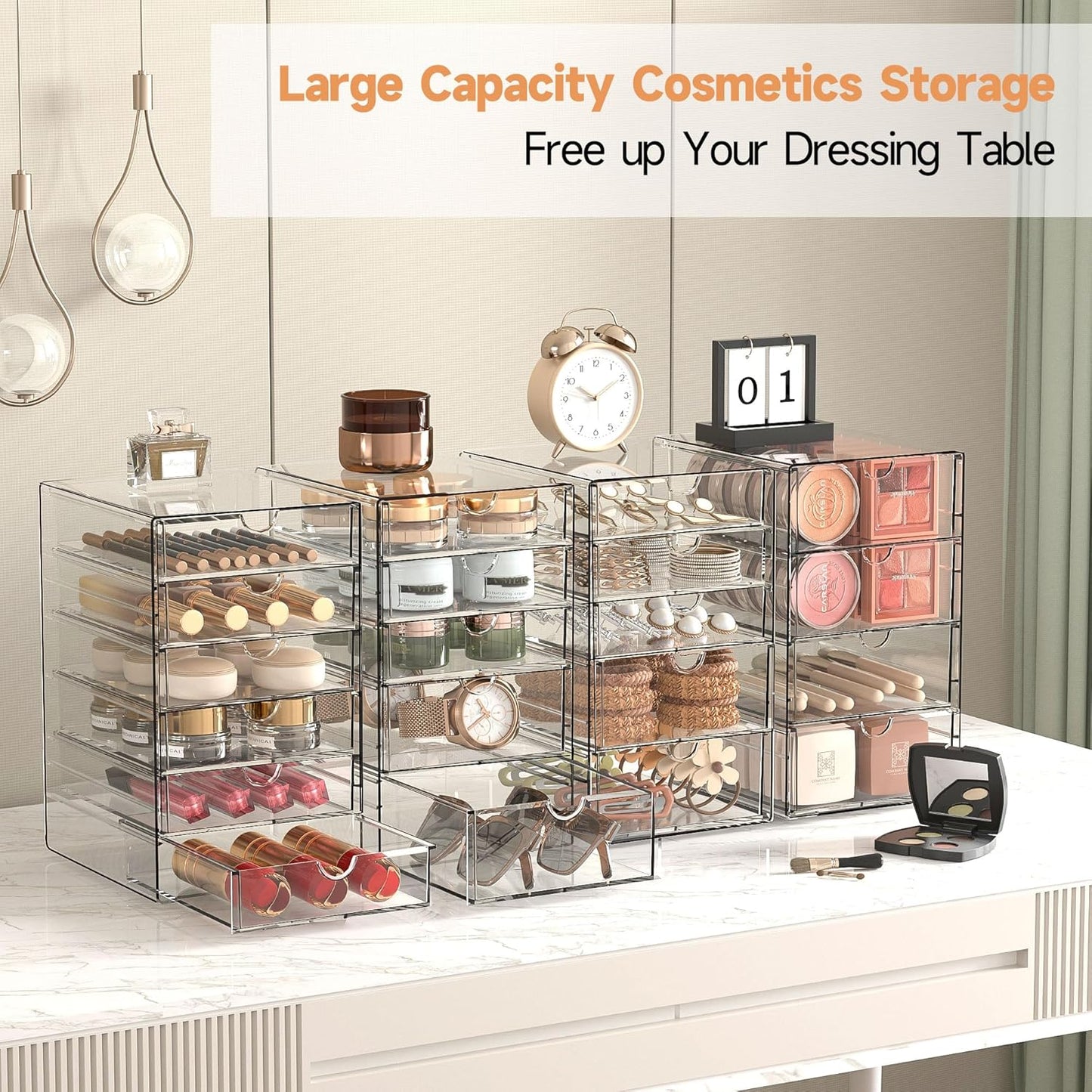 Makeup Drawer Storage Organizer with 20 Drawers, 4 Set Acrylic Office Desk Organization and Storage, Dustproof Drawer Organizer for Makeup, Office, Countertop, Jewelry, Pen, Desktop, Bathroom, Bedroom