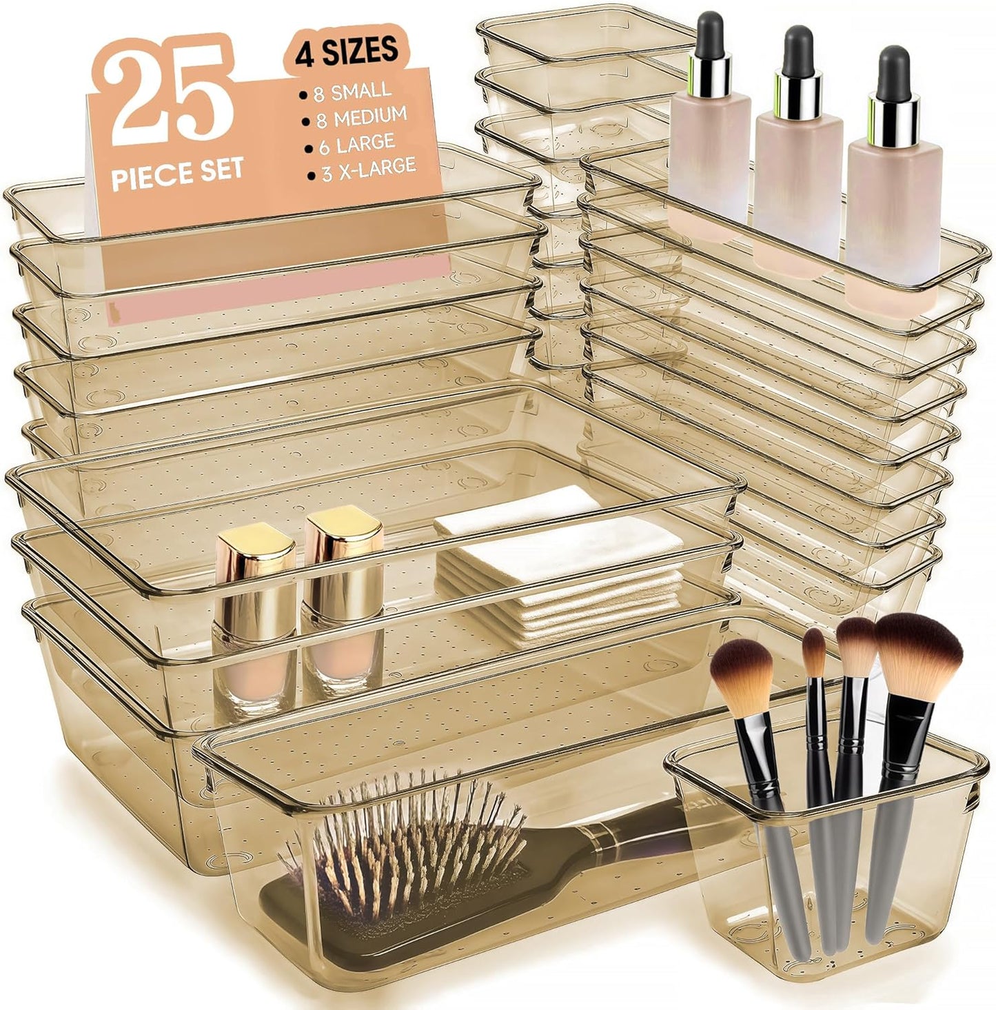 Clear Acrylic Drawer Organizers Set Storage for Makeup, Office Desk Small Vanity Trays for Drawer Bathroom Plastic Make up Organizers 25 Pcs