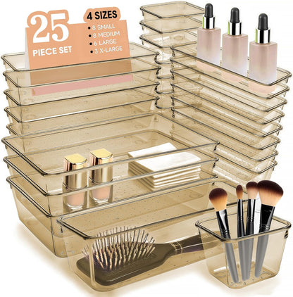 Clear Acrylic Drawer Organizers Set Storage for Makeup, Office Desk Small Vanity Trays for Drawer Bathroom Plastic Make up Organizers 25 Pcs