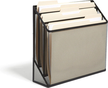 TRU RED Wire Mesh File Organizer, 3‑Compartment, Matte Black – Vertical Desktop Sorter for Files, Folders & Mail