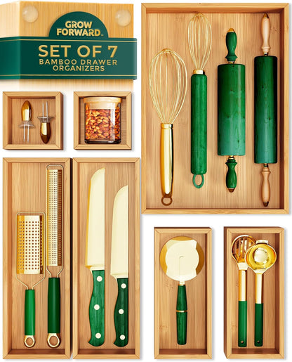 Grow Forward Bamboo Drawer Organizer Boxes - Set of 14 Wooden Drawer Organizers for Kitchen, Bathroom, Office, Desk, Vanity, Makeup - Non-Slip Junk Drawer Organizer Trays for Storage and Organization