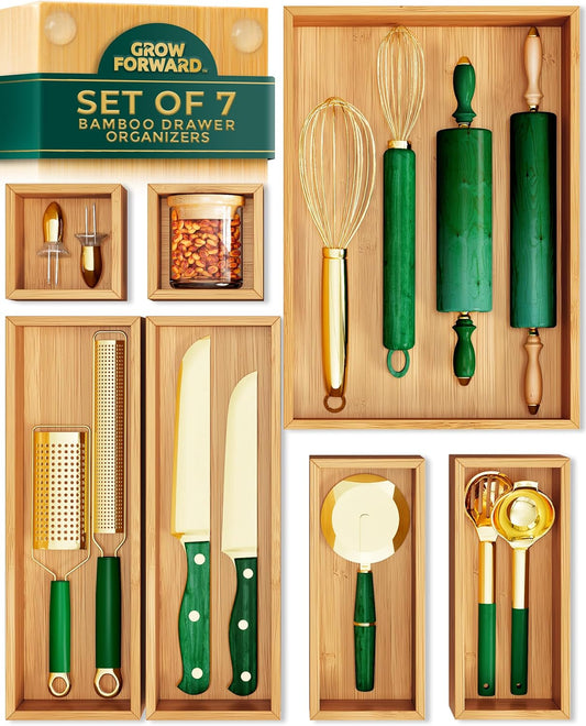 Grow Forward Bamboo Drawer Organizer Boxes - Set of 14 Wooden Drawer Organizers for Kitchen, Bathroom, Office, Desk, Vanity, Makeup - Non-Slip Junk Drawer Organizer Trays for Storage and Organization