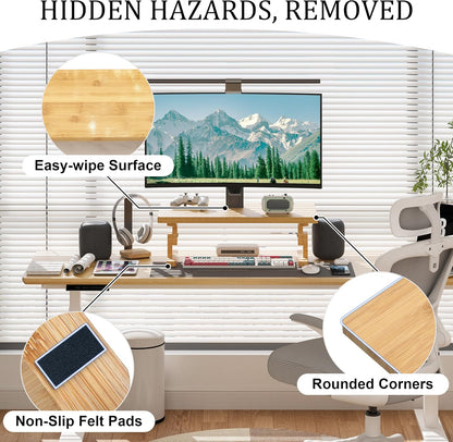 Bamboo Monitor Stand Riser for Desk, Height Adjustable Computer Riser & Laptop Stand, Ergonomic Desktop Organizer Shelf W/ Underneath Storage, Sturdy 100 lbs Capacity for Printer/TV/Home Office