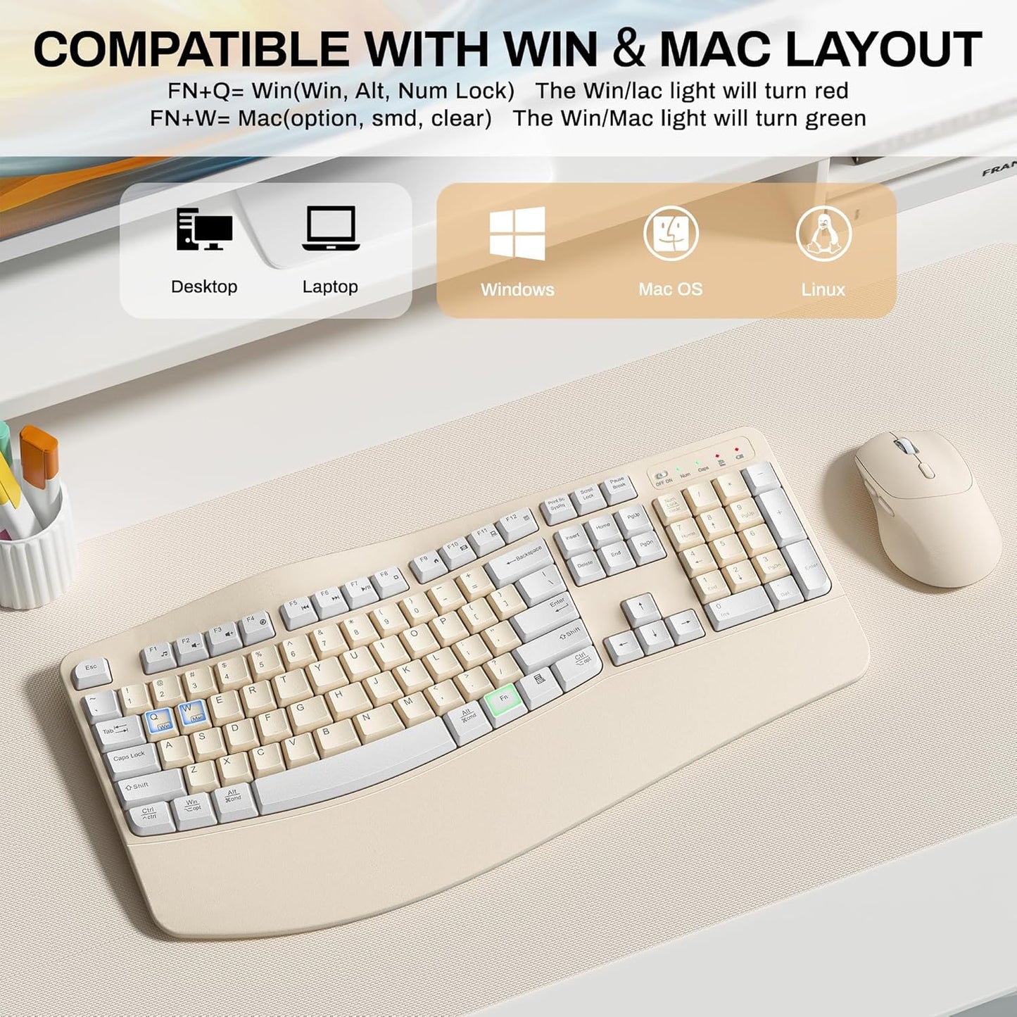Wireless Keyboard and Mouse Combo,2.4G Full Size Wave Keys Ergonomic Keyboard with Wrist Rest for Natural Typing, 3 DPI Adjustable Ergonomic Silent Mouse for Computer/Laptop/Windows/Mac (Gray)