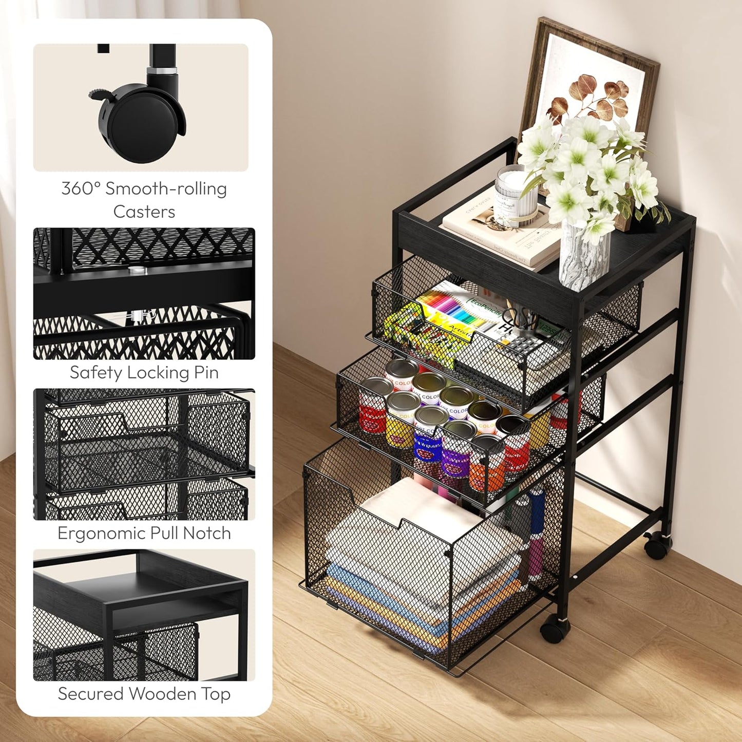 SWTYMIKI Rolling File Cart with Drawers - 4 Tier Under Desk Storage Craft Rolling Organizer Cart - Office Storage &Organization, Mobile Metal Filing Cabinet for Office and Home Espresso