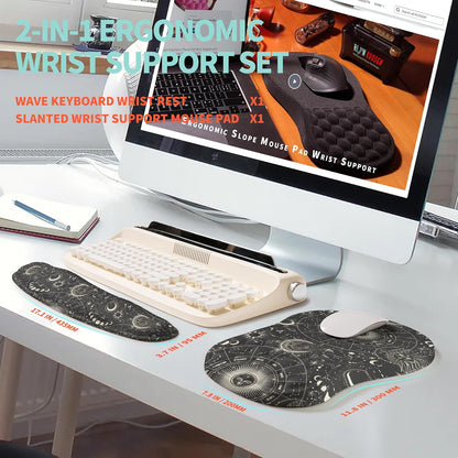 2-in-1 Ergonomic Set, Wave Rise Keyboard Wrist Rest and Massage Bulge Slope Mouse Pad Wrist Support, Cushion Memory Foam Integrated to Relieve Wrist Pain, Black