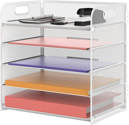 Supeasy 5 Trays Paper Organizer Letter Tray with Handle-Mesh Desk File Holders, Paper Sorter Desk Organizer for Office, Home, Classroom or School, White