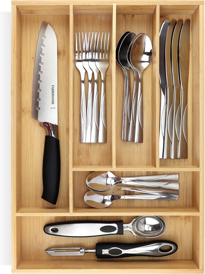 Pristine Bamboo Expandable Drawer Organizers for Kitchen - Extra Deep Non-Slip 17” x 14.6” (expands up to 25 inches) - Dark Wooden Silverware Divider (10 Compartments) – Organize Cooking Utensils