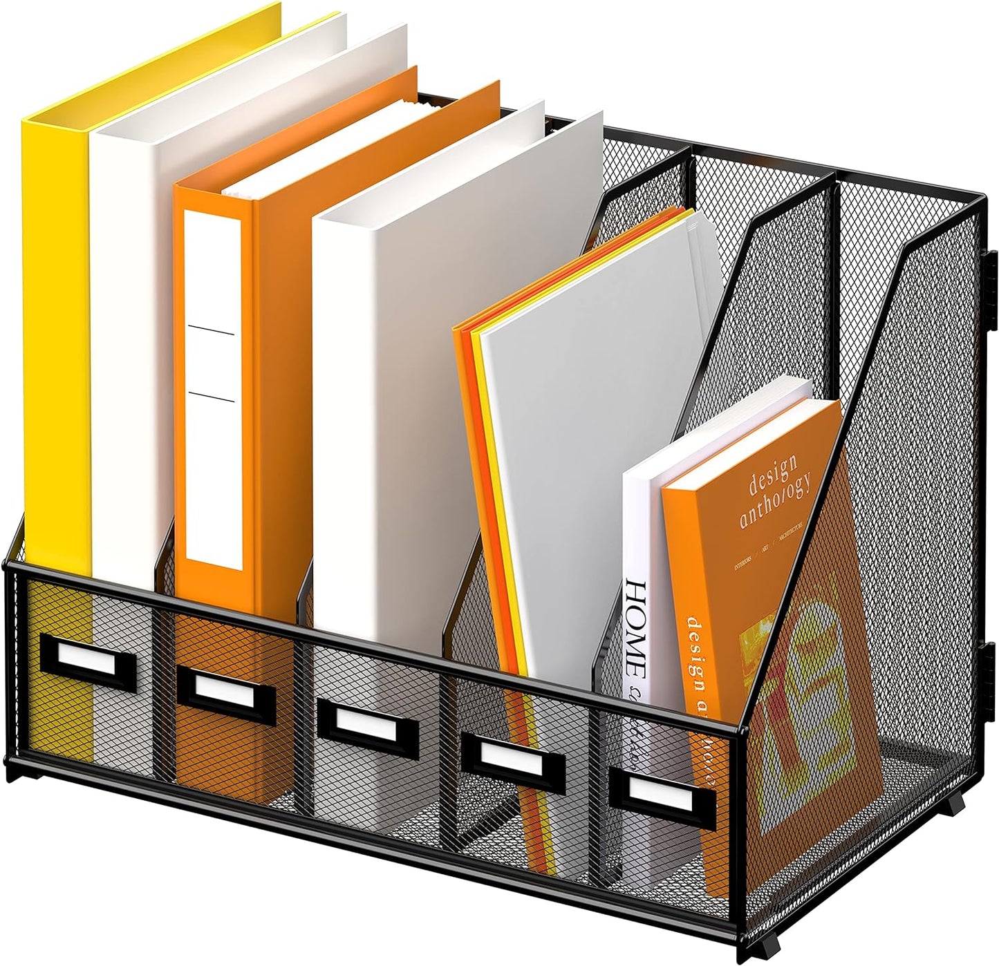 DALTACK 5 Vertical Compartments Magazine File Holder, Binder Organizer, Metal Desk Organizers for Office Home School Classroom Organization, Black