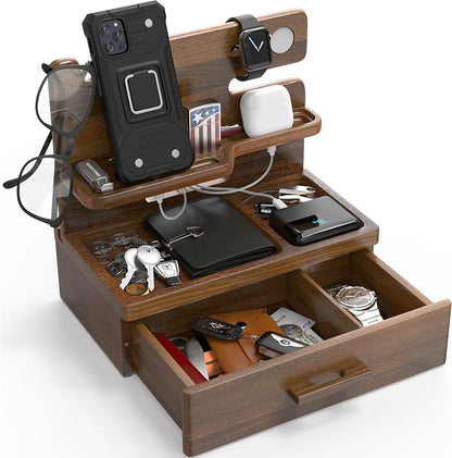BarvA Phone Docking Station with Drawer Organizer | Night Stand Desk Charging Station | Upgraded Nightstand Organizer | Dresser Smart Watch Earbuds Phone Stand | Room Decor Gifts for Women Men Mom