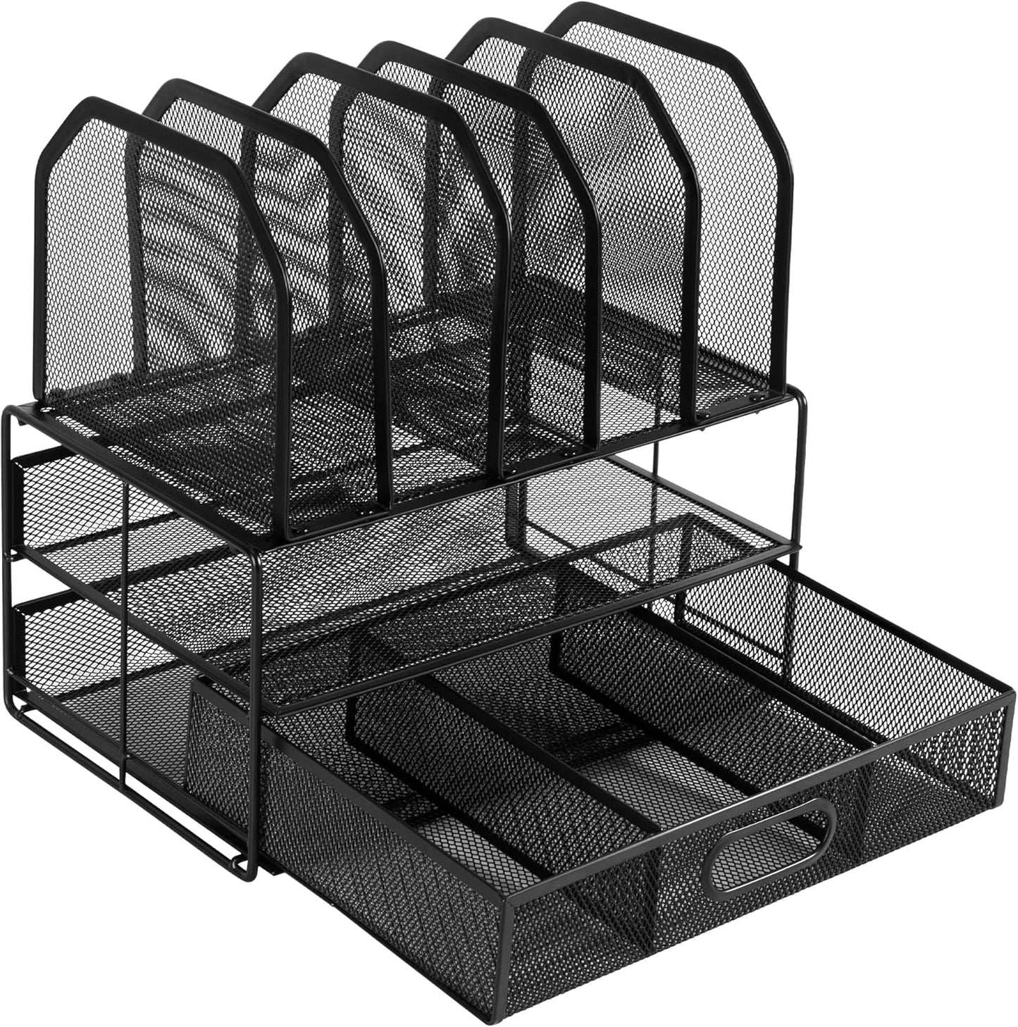 Amazon Basics Mesh Desk Organizer with Sliding Drawer, Double Tray and 5 Upright Sections, File Holder for Office Supplies, Paper Letter Tray, Black