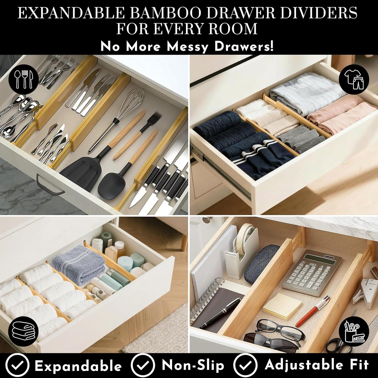 Expandable Bamboo Drawer Dividers 8 pack with labels(17"-22") Drawer Organizer for Kitchen, Clothes,Utensils,Silverware,Dresser,Office,Desk
