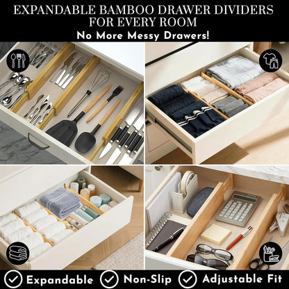 Expandable Bamboo Drawer Dividers 8 pack with labels(17"-22") Drawer Organizer for Kitchen, Clothes,Utensils,Silverware,Dresser,Office,Desk