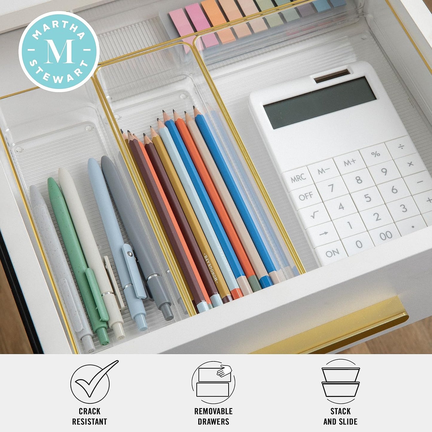 Martha Stewart Kerry Plastic Stackable Office Desk Drawer Organizers, Set of 8, with Gold Trim