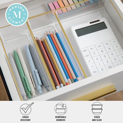 Martha Stewart Kerry Plastic Stackable Office Desk Drawer Organizers, Set of 8, with Gold Trim