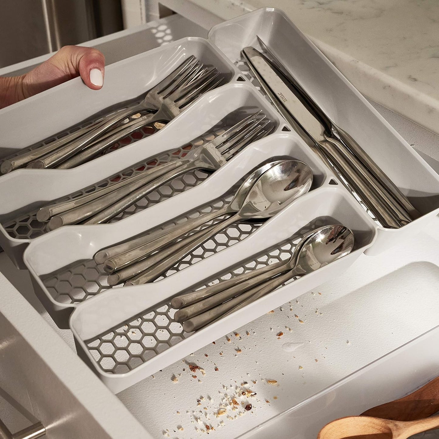 Spectrum Hexa 6 x 12 Drawer Organizer for Kitchen Utensils with Innovative Honeycomb Base Design, Silverware Tray for Cutlery and Flatware Storage, Bathroom Vanity or Desk Solution, Clear Frost