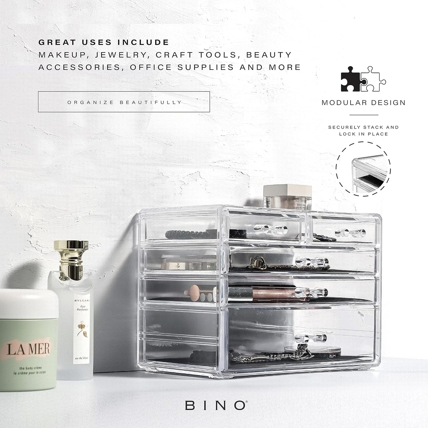 BINO THE MANHATTAN SERIES Acrylic Makeup Drawer Organizer- 3 Drawer Small | Clear Beauty Organizers and Storage| Cosmetic & Makeup Drawer| Home Organization| Jewelry & Vanity Accessories Drawer