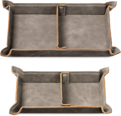 Navaris Faux Leather Tray Set - 2 Valet Organizer Trays for Bedside Table Desk with Dividers- Store Keys, Change, Wallet, Phone, Glasses - Gray