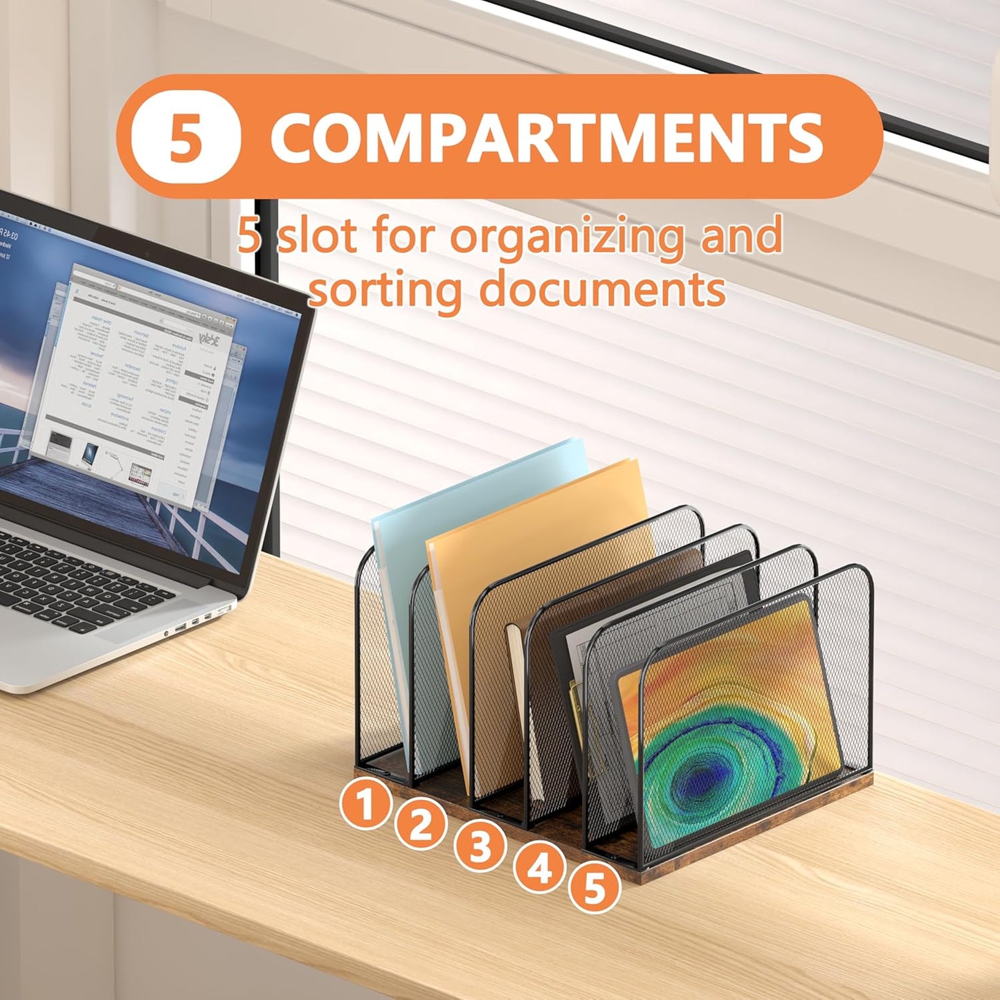 Piskyet Wooden Desk File Organizer, 5-Section Vertical File Folder Holder Stand,Metal Mail Paper Chromebook Organizer for Teacher Desk Office Classroom Desktop Organization