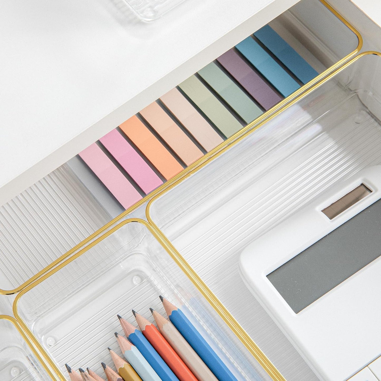 Martha Stewart Kerry Plastic Stackable Office Desk Drawer Organizers, Set of 8, with Gold Trim