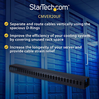 StarTech.com 3ft (1m) Vertical Cable Management Duct with Cover - 0U Open Slot Finger Duct Wire Raceway for 19 Inch Server Rack - Slotted Cord Channel (CMVER20UF)