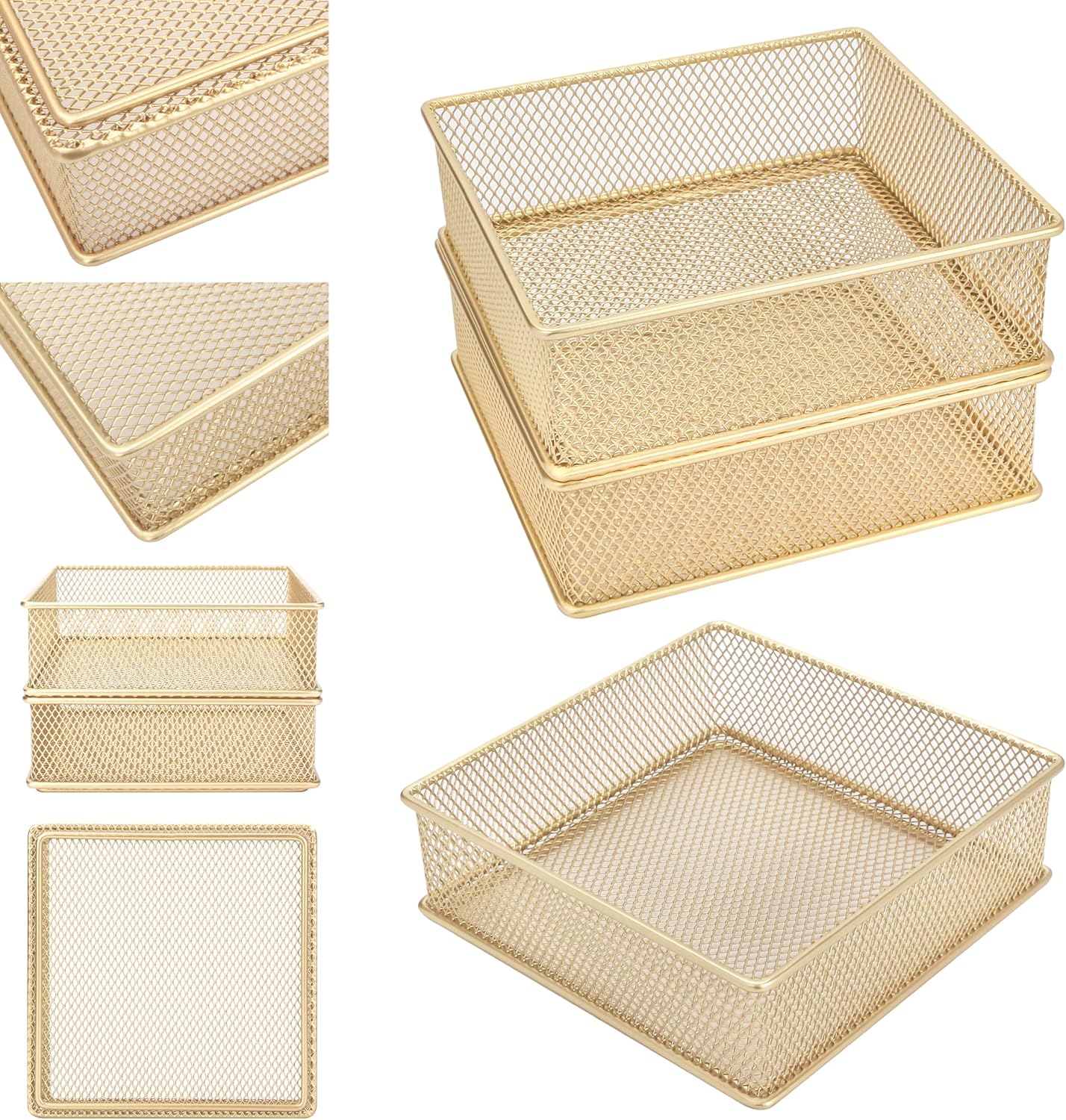 Annova Stackable Mesh Drawer Cabinet and Shelf Organizer Bins Storage Basket School Office Supply Holder Tray- Set of 2 (Gold, 3x3x2 Inch)
