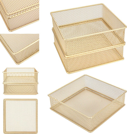 Annova Stackable Mesh Drawer Cabinet and Shelf Organizer Bins Storage Basket School Office Supply Holder Tray- Set of 2 (Gold, 3x3x2 Inch)