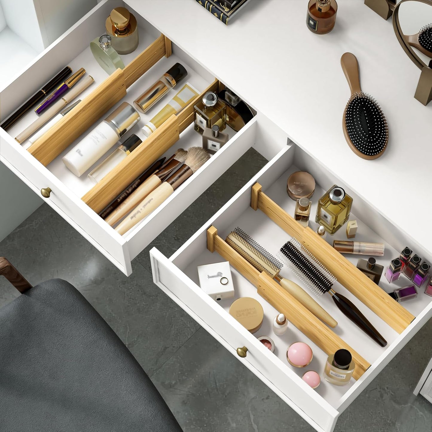 BAMEOS Drawer Dividers kitchen Organization Bamboo Utensil Organizers for Kitchen Bedroom Bathroom Dresser Office 4-pack