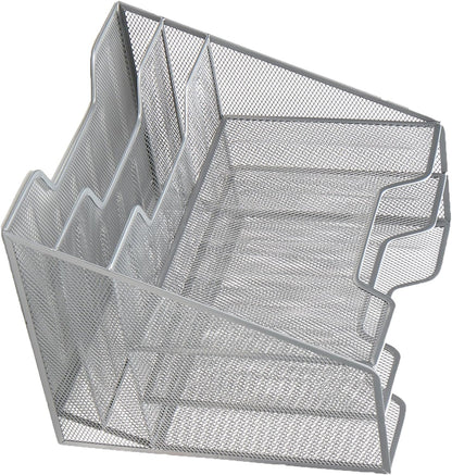 Mind Reader Metal Mesh Desktop File Organizer, 3-Tier Paper Tray with 5 Compartments, Office Mail Sorter, White