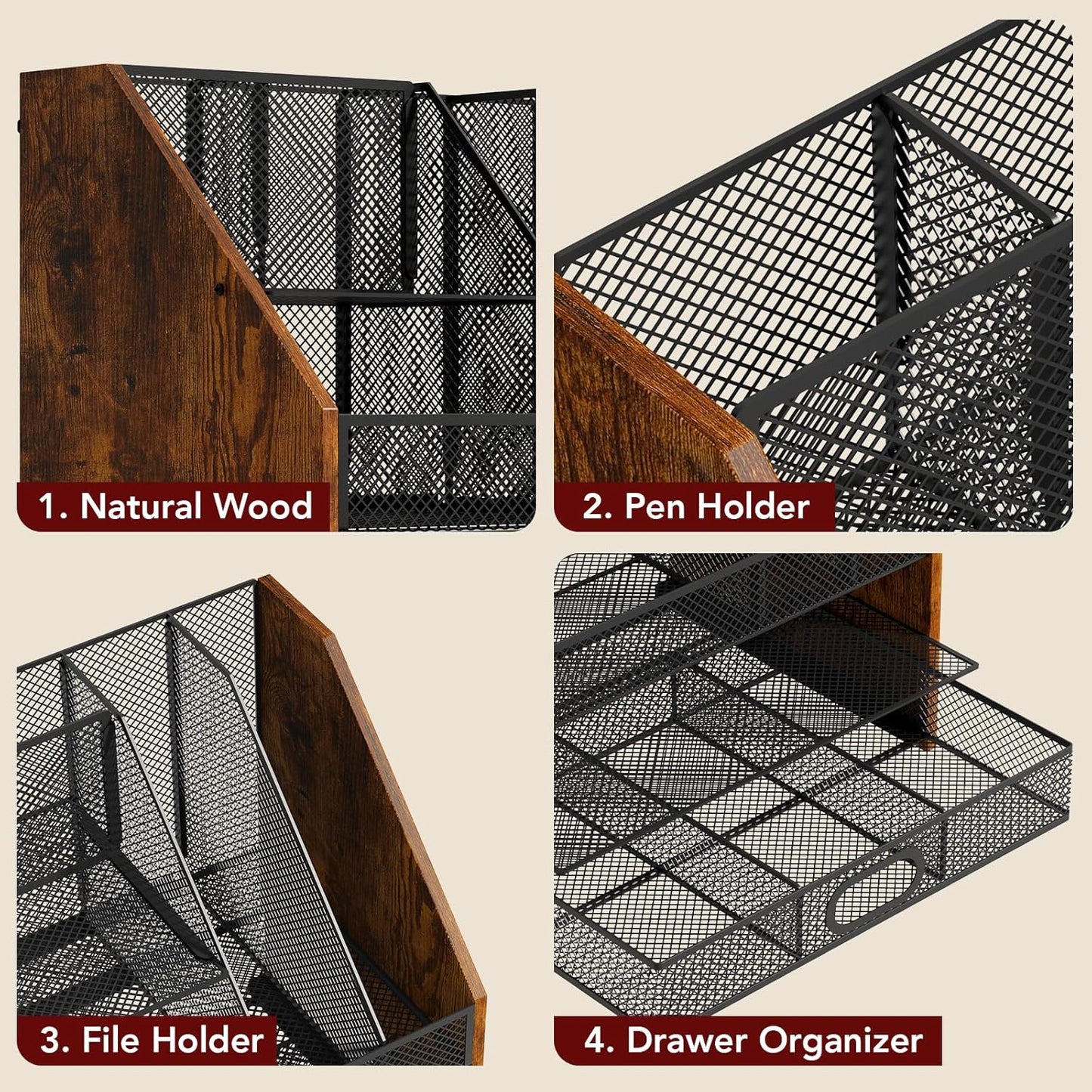 Homsorout Wooden Desk Organizer - Mesh File Organizer with Drawers and Pen Holder - 4-Tier Vertical Paper Letter Storage Tray, Desktop Organizers and Accessories for Home Office