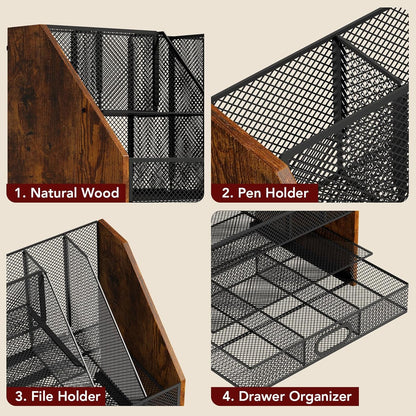 Homsorout Wooden Desk Organizer - Mesh File Organizer with Drawers and Pen Holder - 4-Tier Vertical Paper Letter Storage Tray, Desktop Organizers and Accessories for Home Office