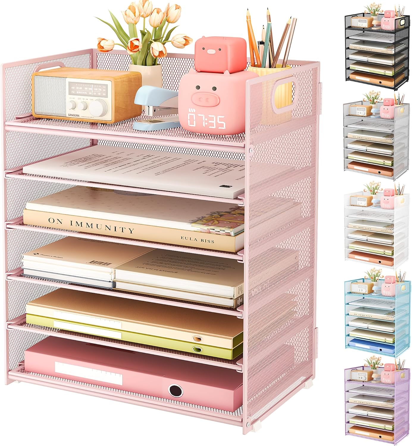 Subekyu 6 Tier Office File Paper Desk Tray Organizer with Handle, Stackable Slide Mesh Letter Tray Folder Blue Desk Organizer, Desktop Document Sorter for Classroom, Office, Home Supplies Storage