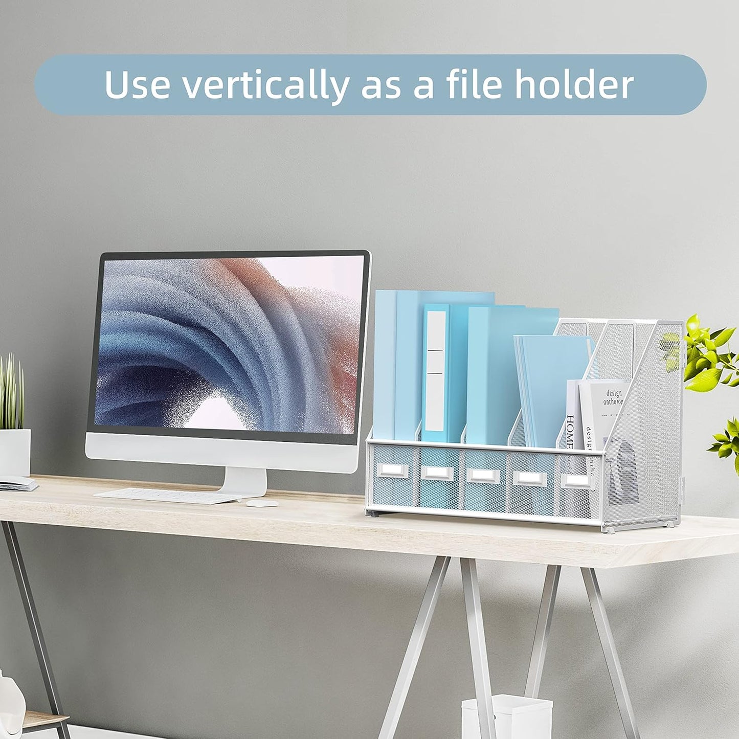 SUPEASY Desk Organizers Metal Desk Magazine File Holder with 5 Vertical Compartments Rack File Organizer for Office Desktop, Classroom, Home Workspace, Black