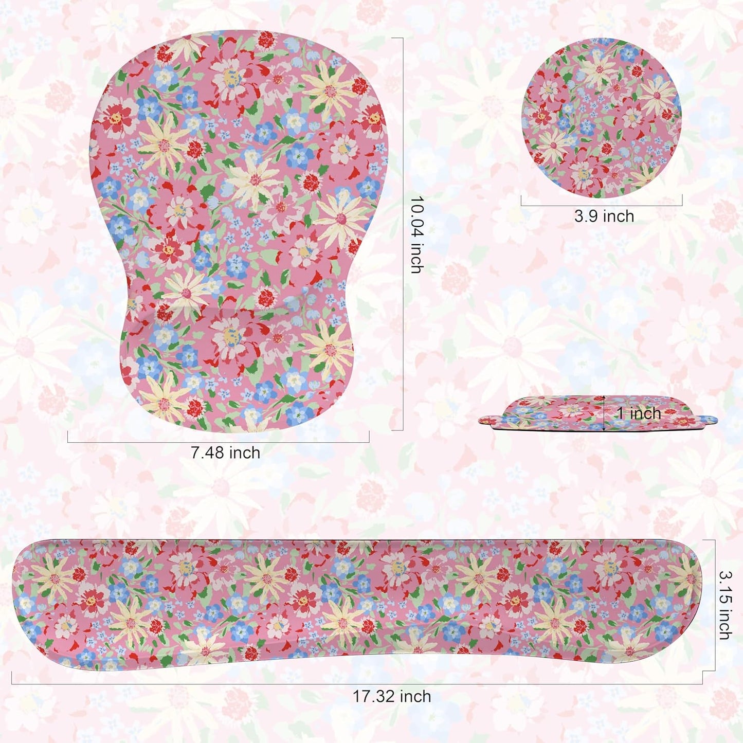 Wrist Rest Support for Mouse Pad Keyboard Set Circle Coaster Gaming Mouse Pad Ergonomic Gel Memory Foam Set for Computer, Laptop, Office, Pain Relief, Comfortably Typing Flowers KM-39