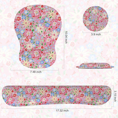 Wrist Rest Support for Mouse Pad Keyboard Set Circle Coaster Gaming Mouse Pad Ergonomic Gel Memory Foam Set for Computer, Laptop, Office, Pain Relief, Comfortably Typing Flowers KM-39