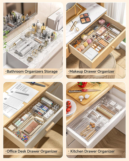 KEMETHY 25 PCS Plastic Drawer Organizers Set, 4 Sizes Vanity Organizer, Makeup and Desk Drawer Organizer Trays, Organization and Storage for Makeup, Bathroom, Kitchen Utensils and Office (Black)