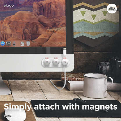elago | LINE Friends Magnetic Cable Management Buttons, Organize 3 Cables, Powerful Magnets, Reusable Sticker Attaches to Surface, Desk Organization (Brown)
