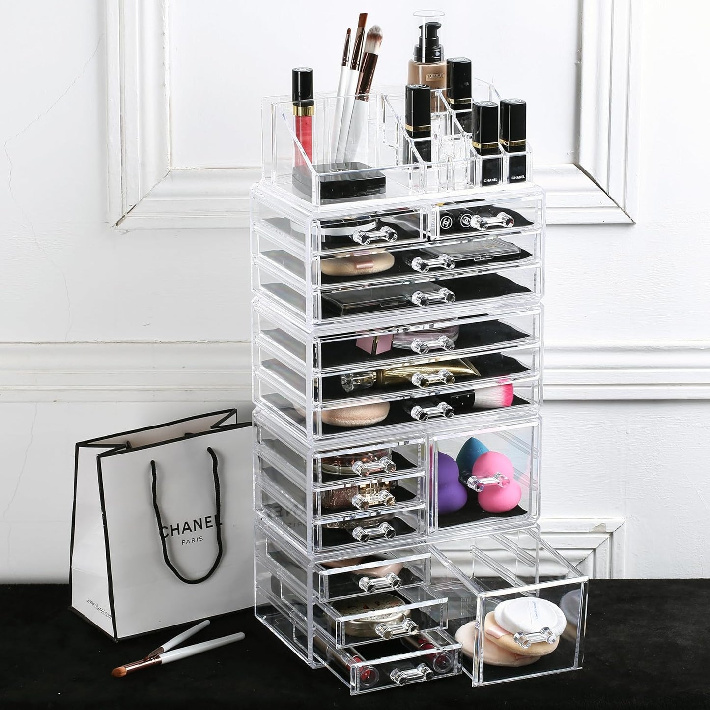Ikee Design Acrylic Makeup Organizer with 4 Drawers and Removable Top Lipstick Holders, Ideal for Make-up or Accessories,Enhance Your Vanity or Bathroom with Clear Design for Quick Visibility
