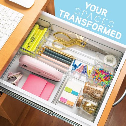 primebox Plastic Clear Drawer Organizers. Bathroom. Kitchen, Bedroom, Utensils, Office Organizer Bins, Storage Trays. Stackable. 9" x 6" x 2" Set of 6