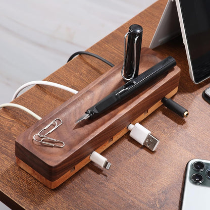 Magnetic Cord Holder with 6 Slots - Walnut & Beech Wood Cable Organizer for Lightning, USB, USB-C, Stick-on Design for Desk, Under Desk, Nightstand